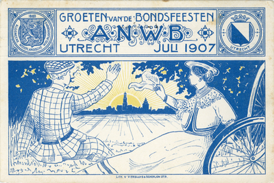 602645 Afbeelding van een prentbriefkaart met de aankondiging van de Bondsfeesten van de Algemene Nederlandse ...